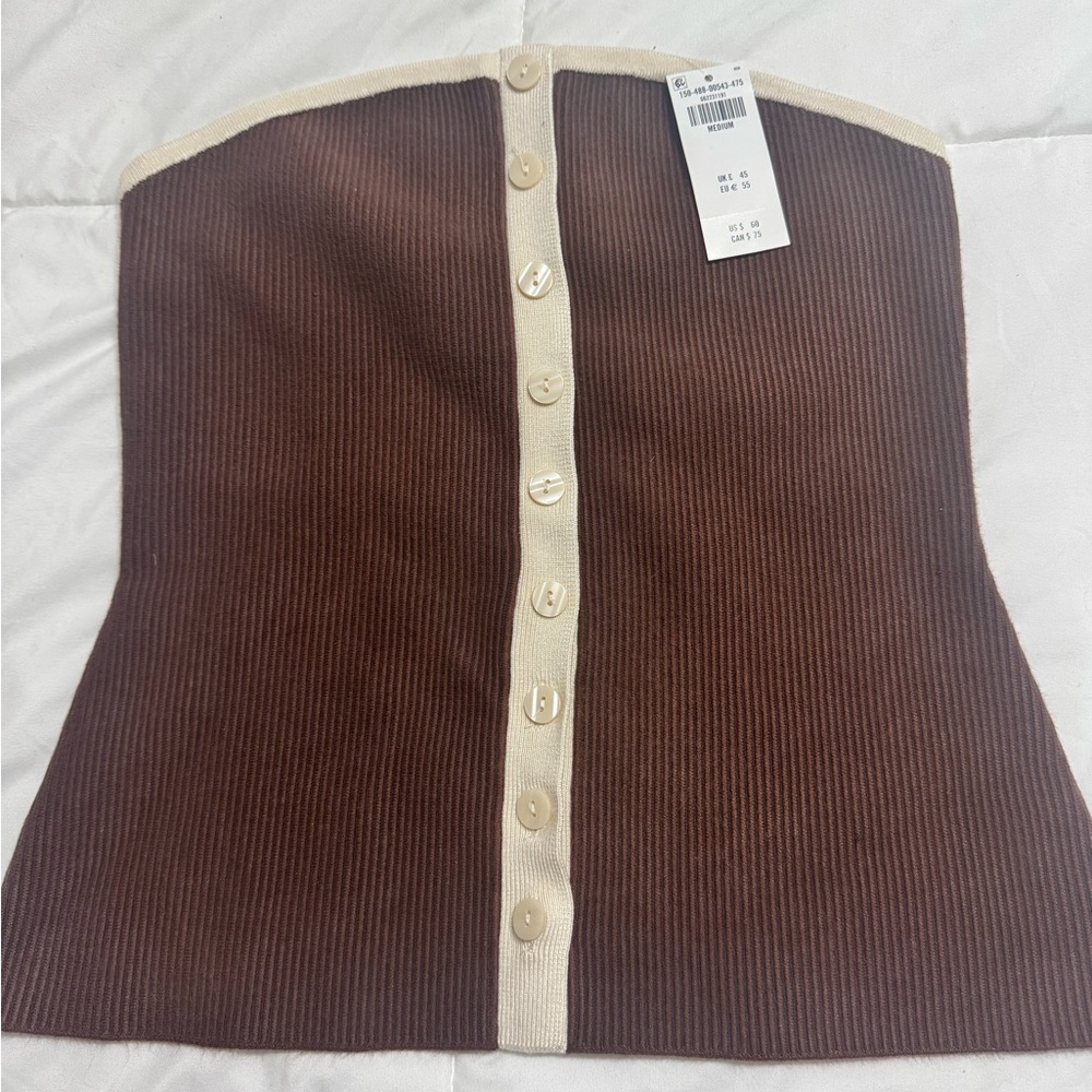 Abercrombie New Brown Ribbed Strapless Top with Cream Button Detail, M